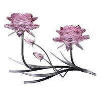 Pink Glass Rose with Black And Silver Metal Base Twin Tea Light Candle Holder 22cm