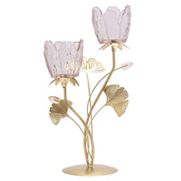 Widdop HE2520 Gold Metal and Pink Glass Double Stem Flowers Tea Light Candle Holder