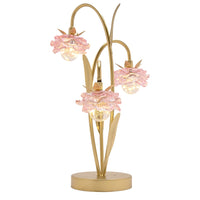 Widdop HE2526 Gold and Pink Glass Flower Triple Stem Battery Powered LED Table Lamp - 45cm Height