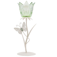 Widdop HE2540 Cream Metal and Green Glass Single Stem Flowers with Butterfly Decoration Tea Light Candle Holder - 37cm Height