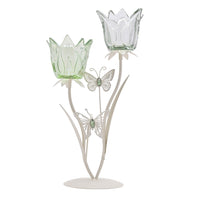 Widdop HE2541 Cream Metal and Green Glass Double Stem Flowers with Butterfly Decoration Tea Light Candle Holder - 37cm Height