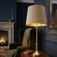 Cream Velvet Table Lamp with Antique Brass Base & Gold Lined Shade 60cm