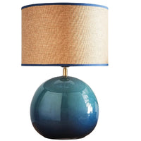 K Living LLATABL/TL Glossy Blue Ceramic Modern Table Lamp with Woven Drum Shade - 44cm Height