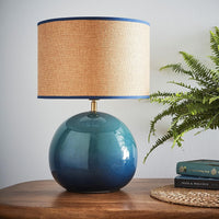 modern blue ceramic table lamp with woven drum shade