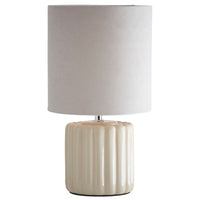 Cream Ribbed Ceramic Vintage Table Lamp with Velvet Drum Shade 33cm