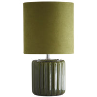Green Ribbed Ceramic Vintage Table Lamp with Velvet Drum Shade 33cm
