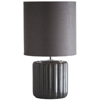 Grey Ribbed Ceramic Vintage Table Lamp with Velvet Drum Shade 33cm