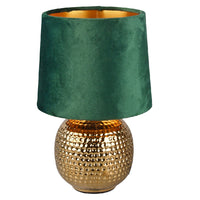 Gold Ceramic Hammered Globe Table Lamp with Green Velvet Shade 26cm