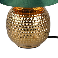 Gold Ceramic Hammered Globe Table Lamp with Green Velvet Shade 26cm