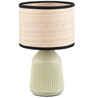 Green ceramic table lamp with natural woven rattan shade and black trim