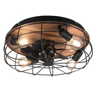 Matt Black & Wood Effect Vintage Cage 4 Lamp Remote Ceiling Fan