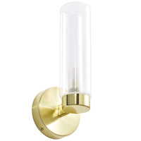 Forum SPA-35843-SBRS - Satin Brass &amp; Clear Cylinder Glass Bathroom Vintage Single Lamp Wall Light IP44 - 27cm Height