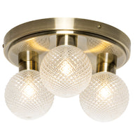 Forum SPA-37477-ABRS Antique Brass &amp; Ribbed Glass Shades Vintage 3 Lamp Bathroom Flush Ceiling Light IP44 - 28cm Diameter