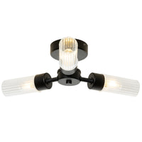 Forum SPA-39650-BLK Matt Black &amp; Ribbed Glass Bathroom Vintage 3 Lamp Ceiling Light IP44 - 39cm Diameter