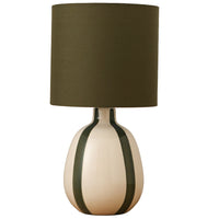 K Living LTOGAGN/TL Olive Green Stripe and Cream Ceramic Modern Table Lamp with Olive gReen Drum Shade - 42cm Height