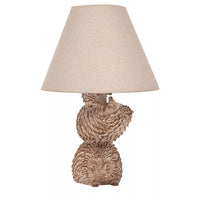 Widdop HE2548 Wood Effect Hedgehog Table Lamp with Beige Fabric Tapered Shade - 37cm Height