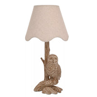 Widdop HE2550 Wood Effect Perching Owl Table Lamp with Beige Fabric Tapered Shade - 46cm Height