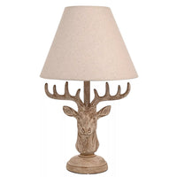 Widdop HE2551 Wood Effect Rustic Stag Head Sculpture Vintage Table Lamp with Linen Shade - 46cm Height