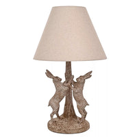 Widdop HE2552 Wood Effect Marching Hares Sculpture Vintage Table Lamp with Beige Linen Shade