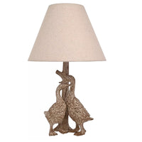 Widdop HE2553 Wood Effect Resin Pair of Ducks Table Lamp with Linen Drum Shade - 46cm Height