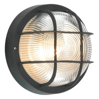 Black & Ribbed Glass Outdoor Modern Round Bulkhead Wall Light 18cm