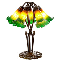 Antique Brass with Amber & Green Tiffany Glass Vintage Lily 5 Arm Table Lamp 48cm 