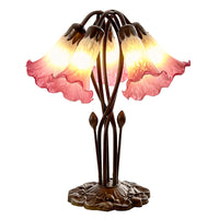 Antique Brass with White & Pink Tiffany Glass Vintage Lily 5 Arm Table Lamp 48cm