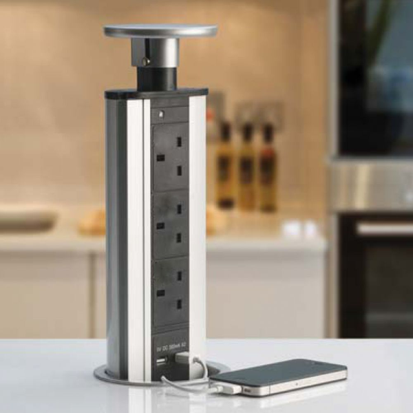 Silver Pop-Up with 3 UK Sockets & 2 USB Ports | Kitchen & Desk Units ...